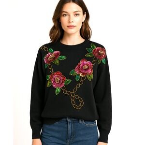 VTG 80s 90s Beaded Sequin 3D Floral Chain Sweater Black Large Maximalist Glam